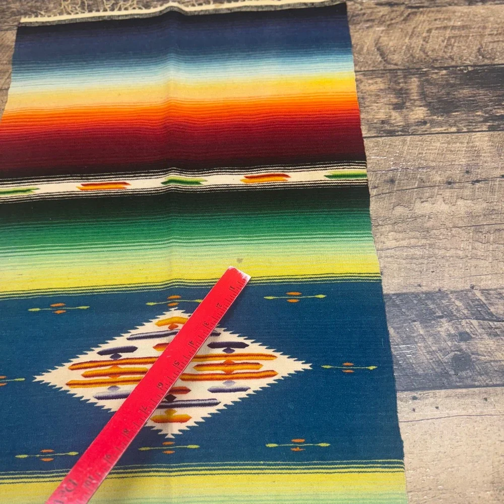 Antique Southwestern Serape Blanket Rug Table‎ Runner Fringe Teal Diamond